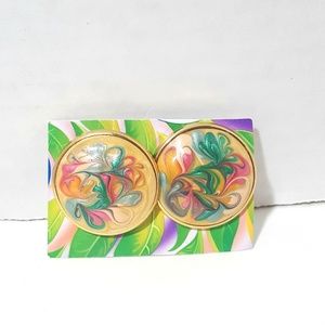 Vintage round watercolor painted earrings